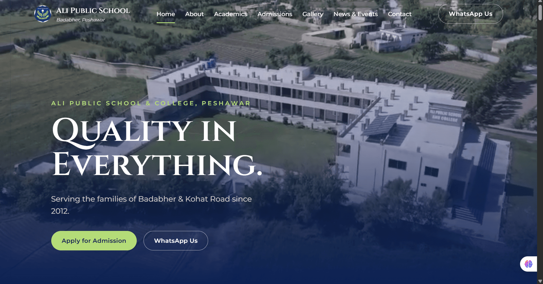 The rebuilt alipublicschool.com.pk home page: Quality in Everything, over an aerial view of the Badabher campus.