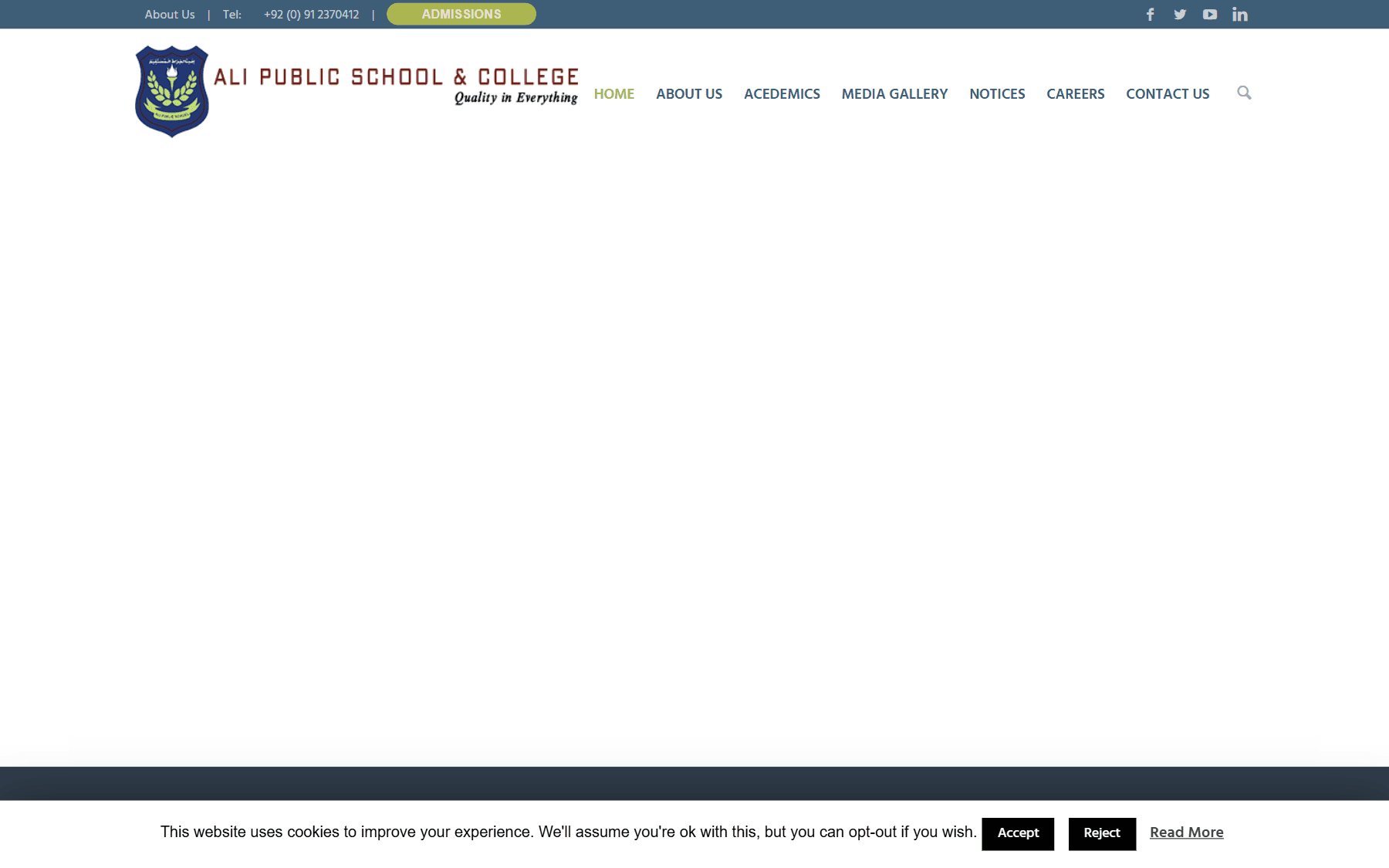 The old WordPress alipublicschool.com.pk, archived on 16 May 2026: the header loads, but the client-rendered page body stays blank.