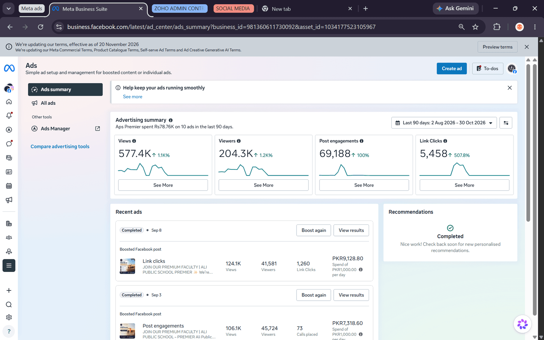 Meta Business Suite ads summary for APS Premier over 90 days: 577.4K views, 204.3K viewers, 69,188 engagements and 5,458 link clicks.
