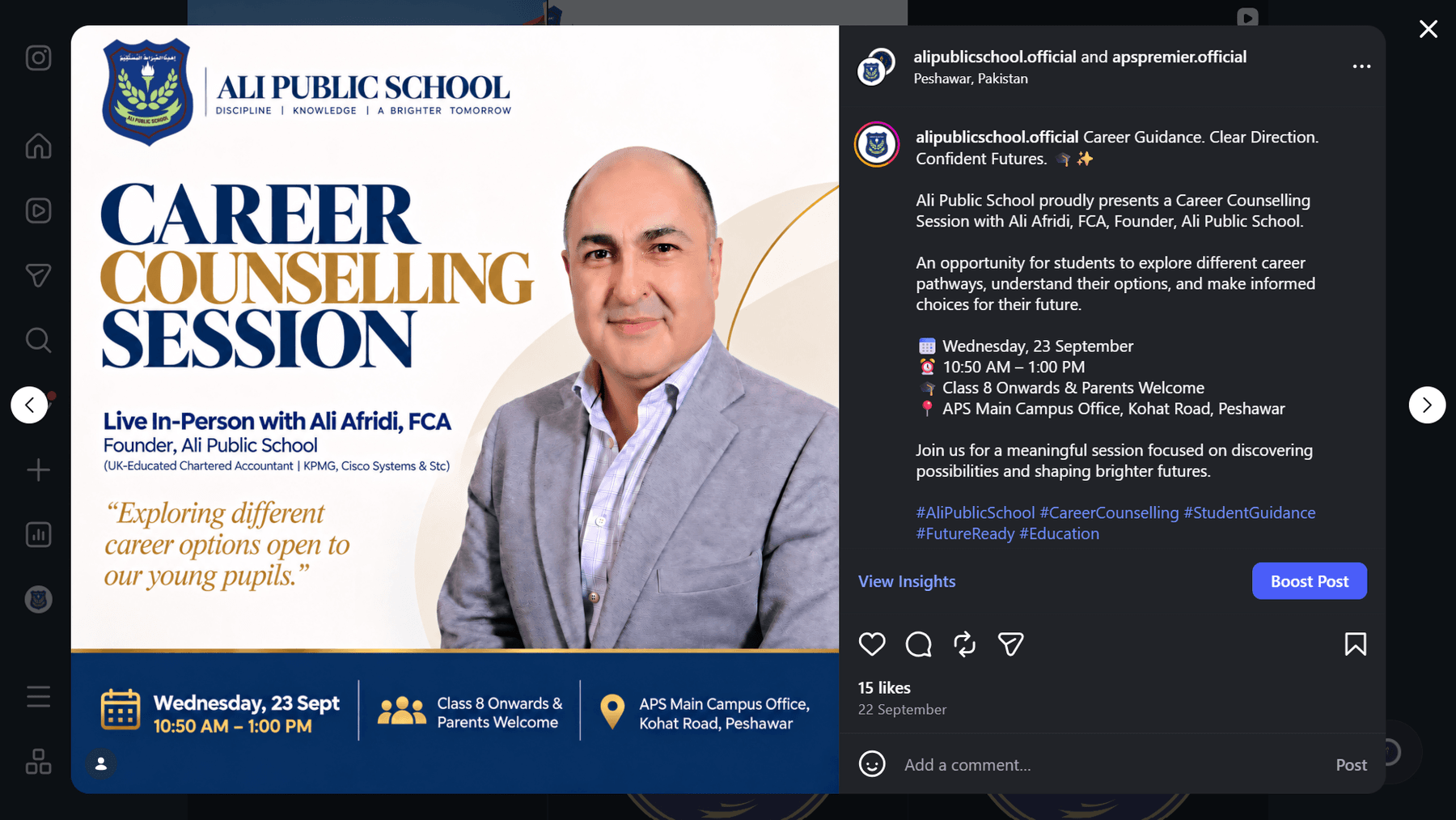 Career Counselling Session with Ali Afridi, FCA, founder of Ali Public School — the main campus event post.