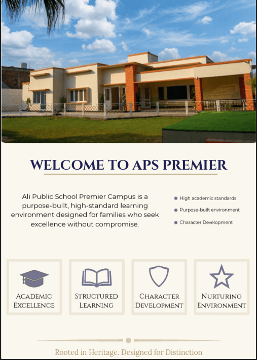 The prospectus's Welcome to APS Premier page, with the school's four pillars.