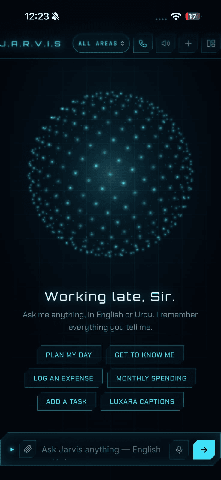 Jarvis's voice app on an iPhone, with quick actions to plan the day, log an expense, add a task and write Luxara captions.