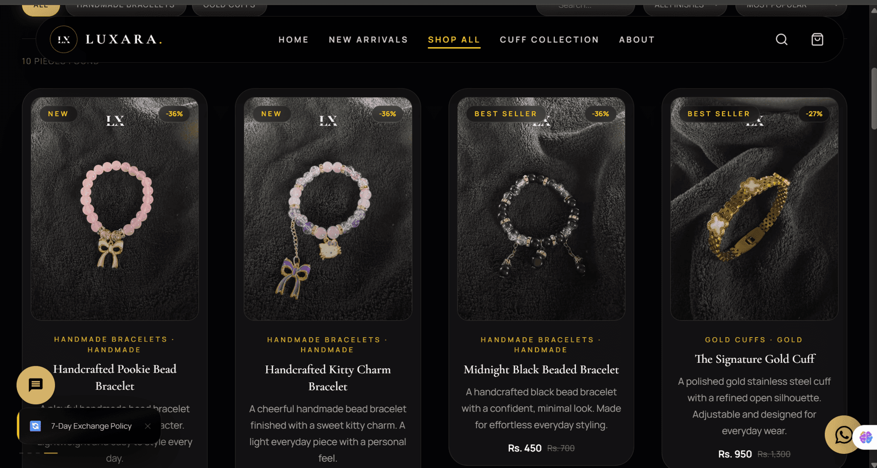 The Luxara shop: handmade bead bracelets and the signature gold cuff, with prices.