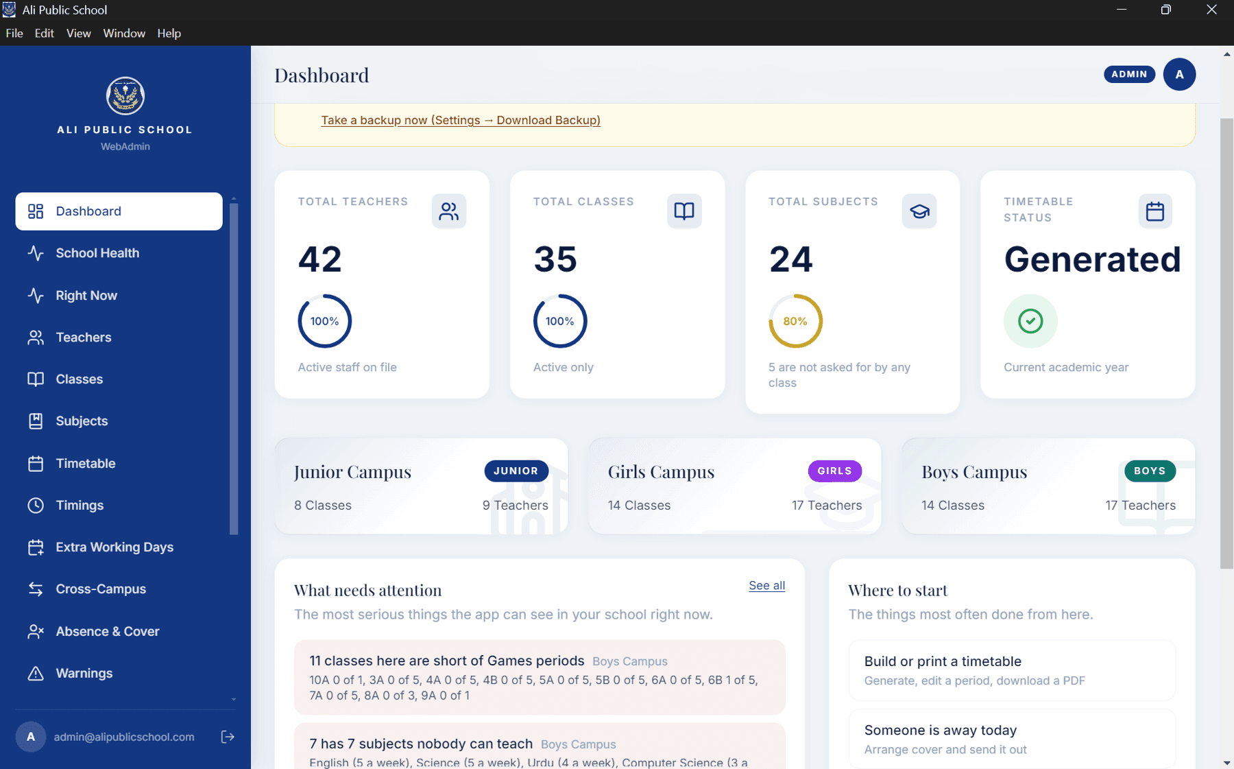 The desktop app's dashboard: 42 teachers, 35 classes, 24 subjects, timetable generated, and the three campuses.