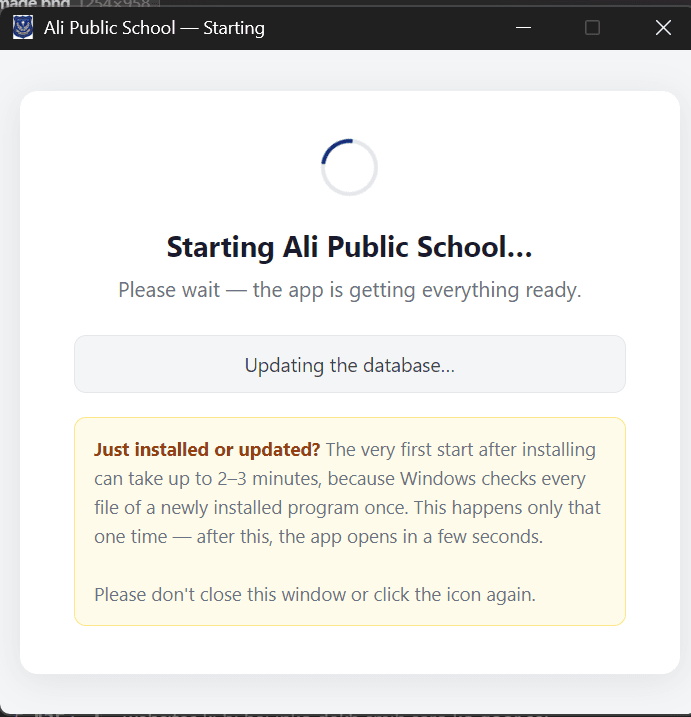 The desktop app's first start, updating its local database before opening.